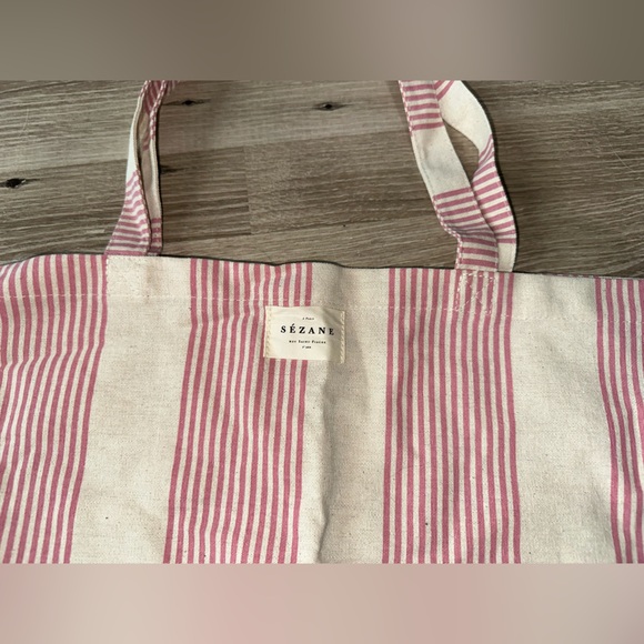 SEZANE Striped Cotton Tote Bag Large Canvas Natural Pink Double Handle - Picture 4 of 6